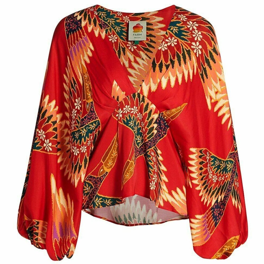 Red Toucan Bell-Sleeve Blouse Top Farm Rio